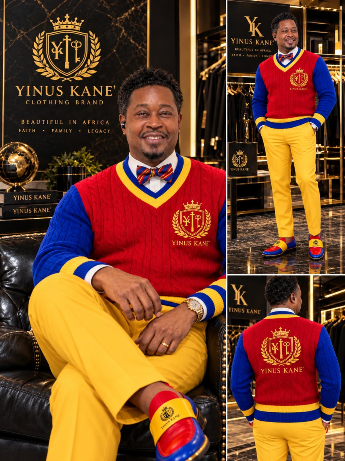 Derrick Bettis wearing the YINUS KANE’ red, blue and gold cable-knit vest in the brand showroom