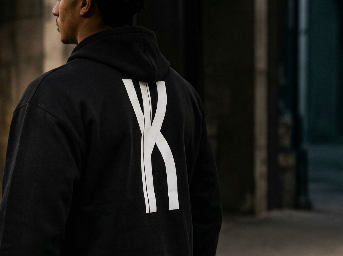 Back of black Crest hoodie
