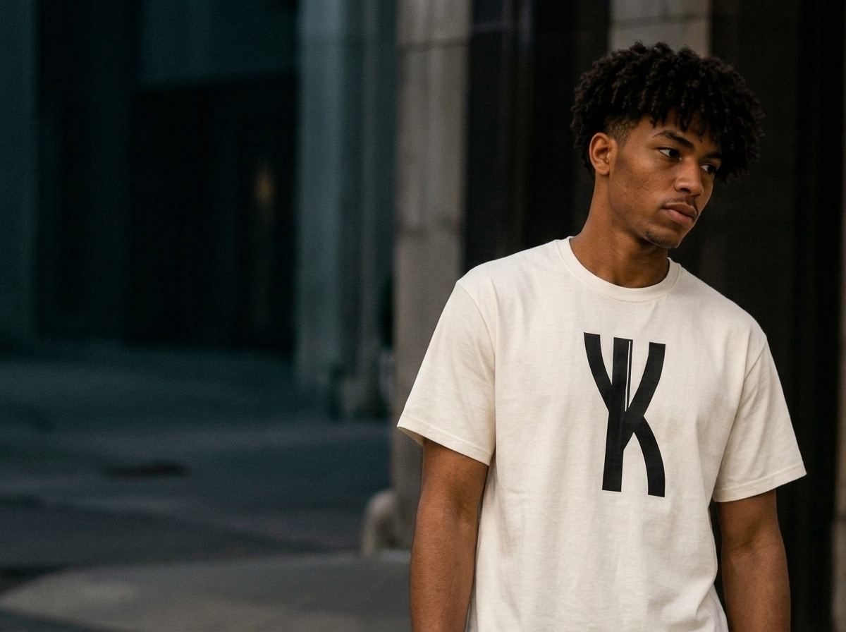 Model in cream Crest tee